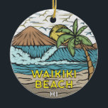 Waikiki Beach Hawaii Vintage Ceramic Ornament<br><div class="desc">Waikiki Beach hand drawn illustration with mountains and ocean waves in the background. Perfect for anyone who loves to visit Waikiki Beach.</div>