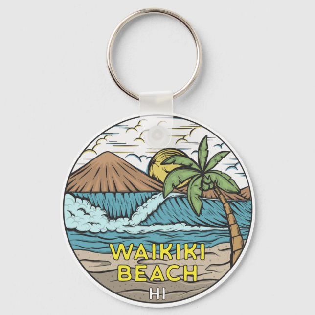 Waikiki Beach Hawaii Vintage Key Ring (Front)