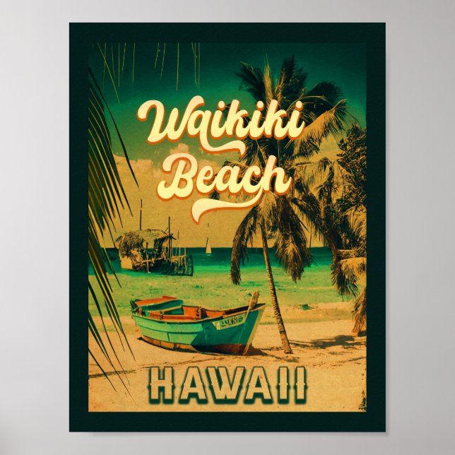 Waikiki Beach Hawaii Vintage Palm Trees Souvenir Poster (Front)