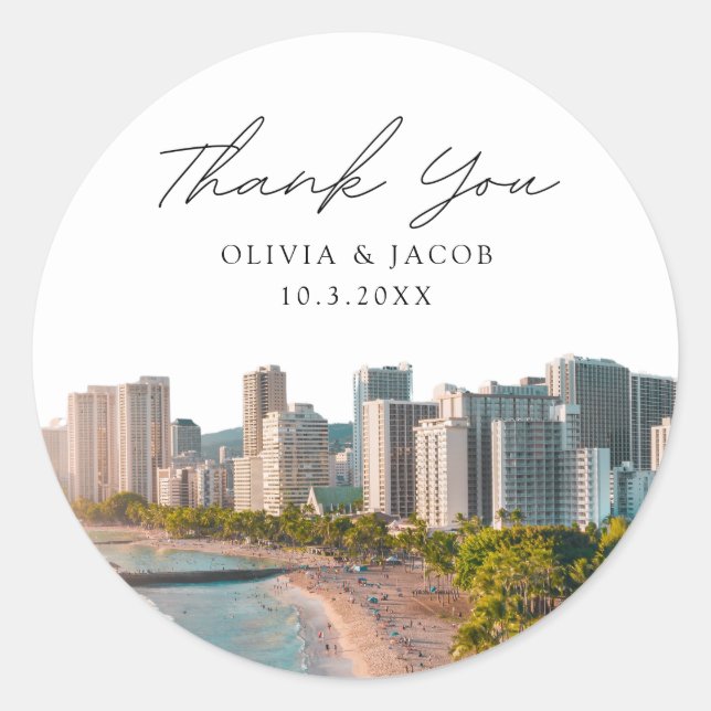 Waikiki Beach Hawaii Wedding Favour Photo Thank Yo Classic Round Sticker (Front)