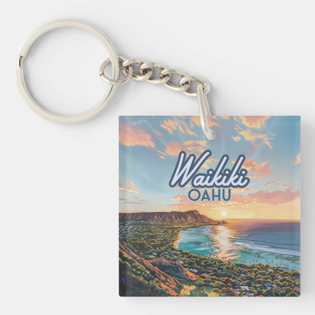 Waikiki Beach Honolulu Oahu Hawaii Retro Key Ring (Front)