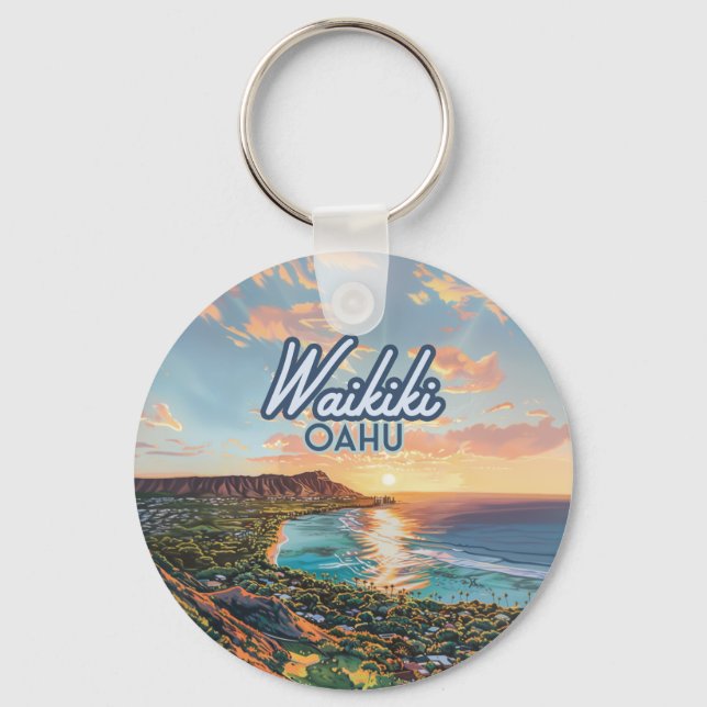 Waikiki Beach Honolulu Oahu Hawaii Retro Key Ring (Front)