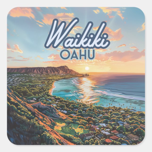 Waikiki Beach Honolulu Oahu Hawaii Retro Square Sticker (Front)