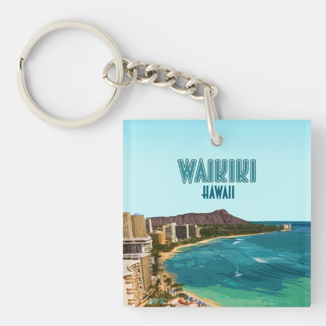 Waikiki Beach Honolulu Oahu Hawaii Vintage Key Ring (Front)