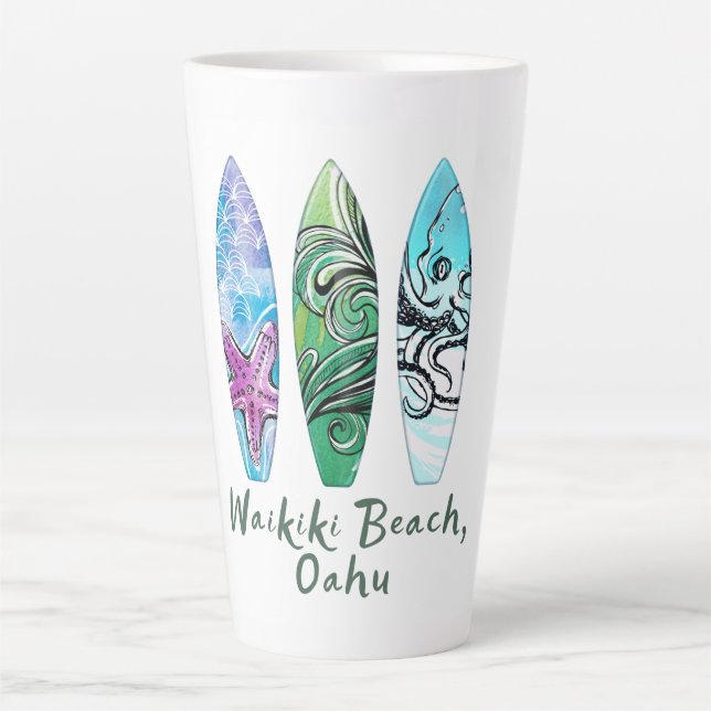 Waikiki Beach Oahu Watercolor Surfboards Latte Mug (Front)