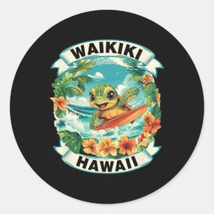 Waikiki Hawaii Cute Sea Turtle Surfing Summer Vaca Classic Round Sticker