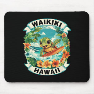 Waikiki Hawaii Cute Sea Turtle Surfing Summer Vaca Mouse Pad