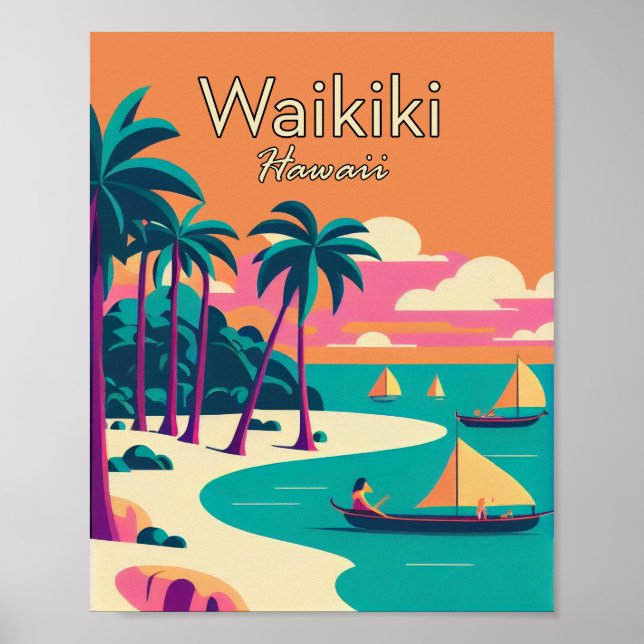 Waikiki Hawaii Minimalist Vintage Art Poster (Front)