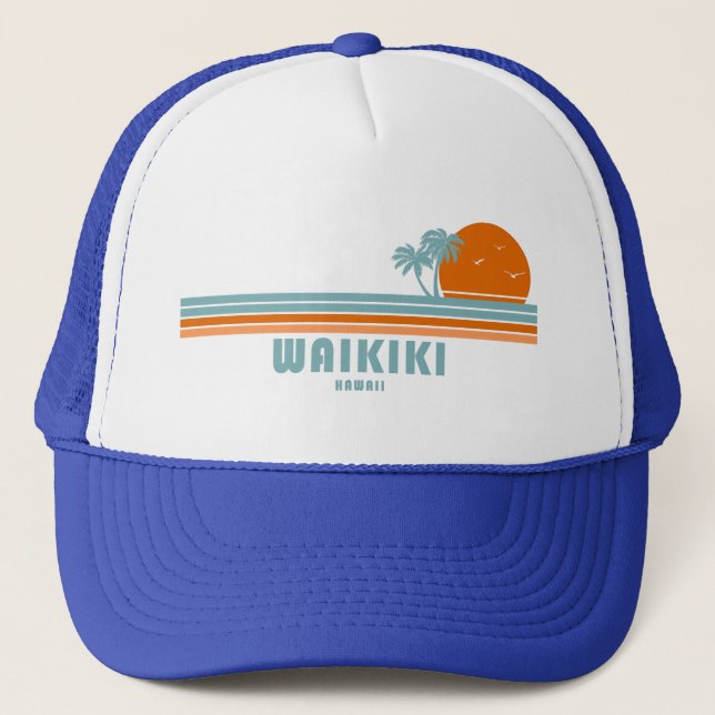 Waikiki Hawaii Sun Palm Trees Trucker Hat (Front)