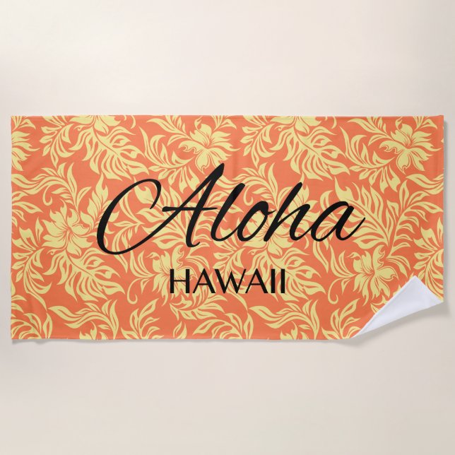 Waikiki Hibiscus Hawaiian Aloha Floral Papaya Beach Towel (Front)