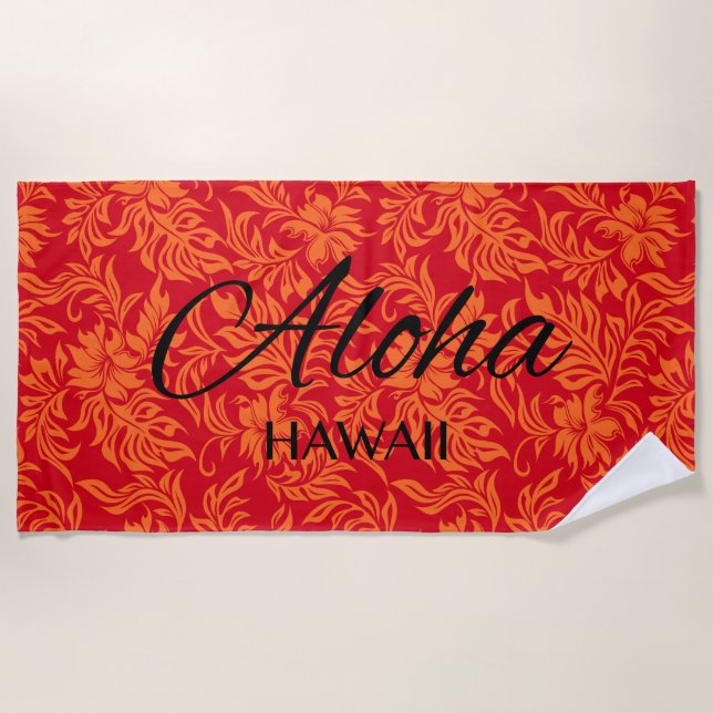 Waikiki Hibiscus Hawaiian Aloha Floral Red Beach Towel (Front)
