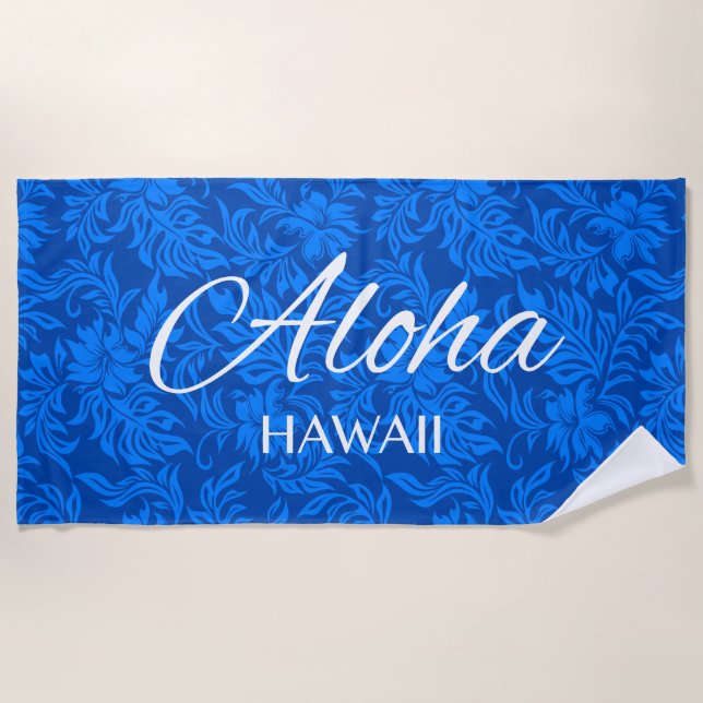 Waikiki Hibiscus Hawaiian Aloha Floral Royal Blue Beach Towel (Front)