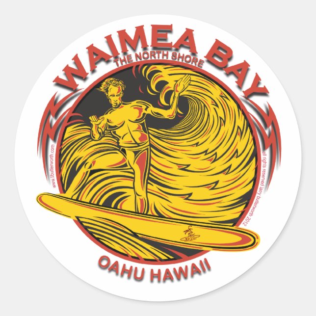 WAIMEA BAY HAWAII SURFING CLASSIC ROUND STICKER (Front)