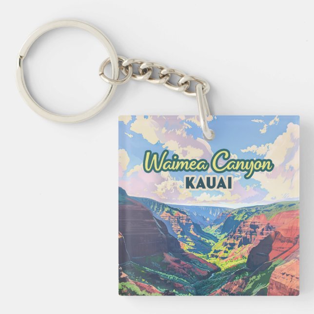 Waimea Canyon Kauai Hawaii Landscape Retro Key Ring (Front)