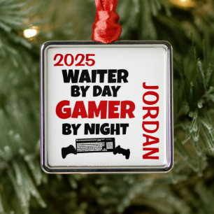 Waiter Loves Playing Video Games Metal Ornament