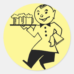 Waiter Serving Beer Retro Cartoon Man Alcohol art Classic Round Sticker