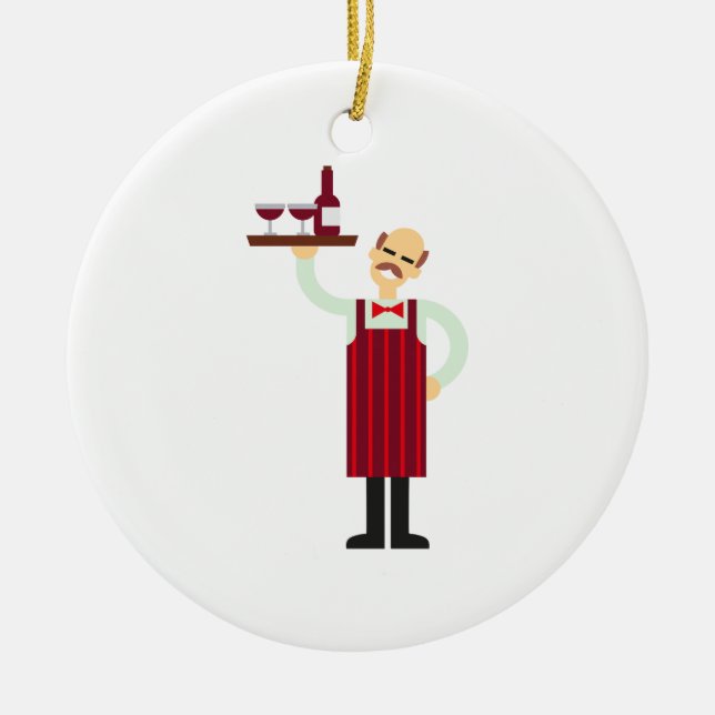 Waiter with Wine Ceramic Ornament (Front)
