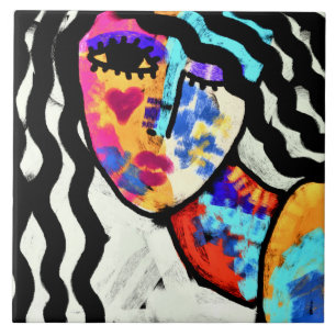 Waiting Abstract Digital Portrait of a Woman Ceramic Tile