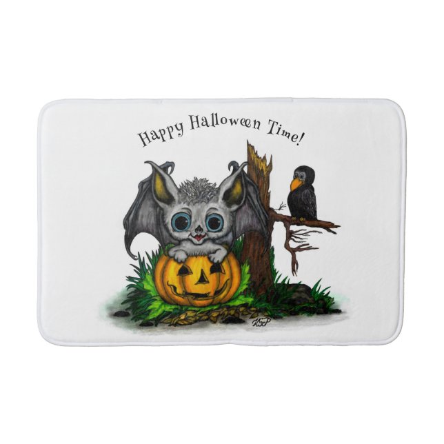 Waiting for Halloween , Cute Bat and Raven Bath Mat (Front)
