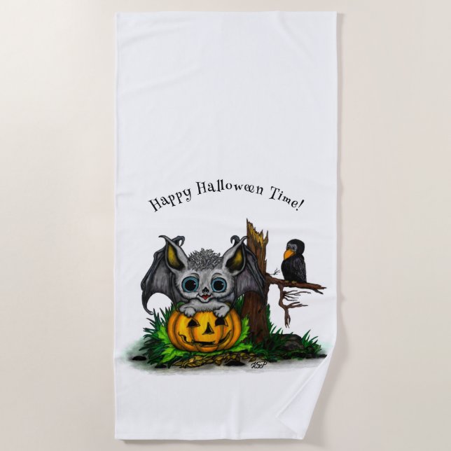 Waiting for Halloween , Cute Bat and Raven Beach Towel (Front)
