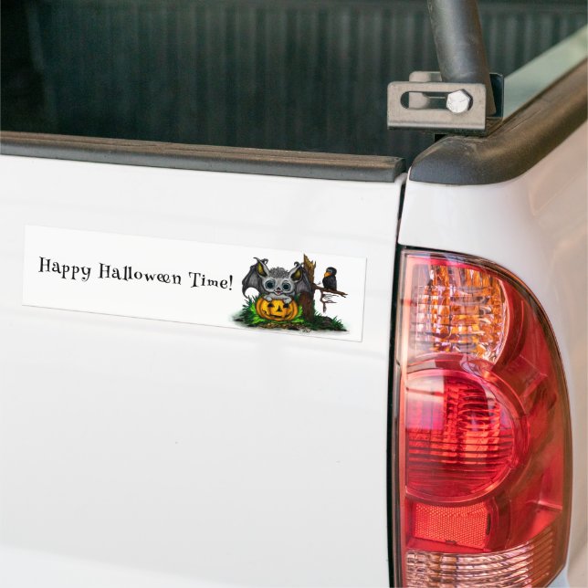 Waiting for Halloween , Cute Bat and Raven Bumper Sticker (On Truck)