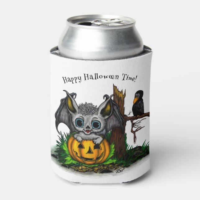 Waiting for Halloween , Cute Bat and Raven Can Cooler (Can Front)