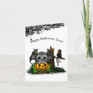 Waiting for Halloween , Cute Bat and Raven Card