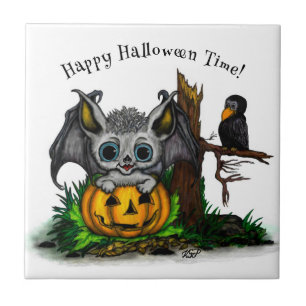 Waiting for Halloween , Cute Bat and Raven Ceramic Tile
