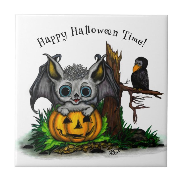 Waiting for Halloween , Cute Bat and Raven Ceramic Tile (Front)
