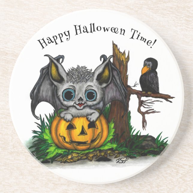 Waiting for Halloween , Cute Bat and Raven Coaster (Front)