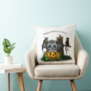 Waiting for Halloween , Cute Bat and Raven Cushion
