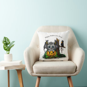 Waiting for Halloween , Cute Bat and Raven Cushion