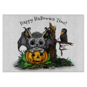 Waiting for Halloween , Cute Bat and Raven Cutting Board