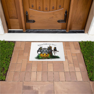 Waiting for Halloween , Cute Bat and Raven Doormat