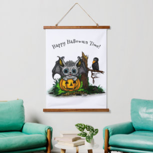 Waiting for Halloween , Cute Bat and Raven Hanging Tapestry
