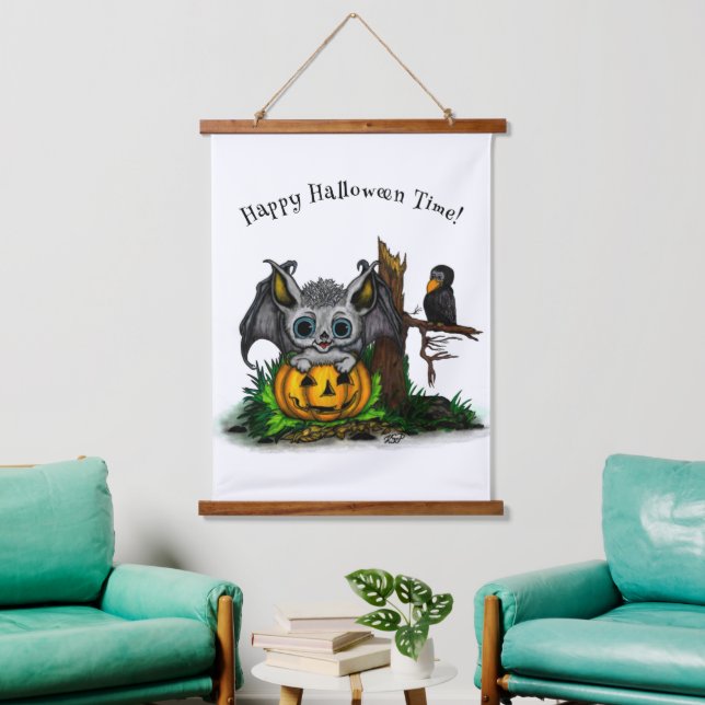 Waiting for Halloween , Cute Bat and Raven Hanging Tapestry (Living Room)