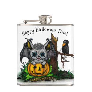 Waiting for Halloween , Cute Bat and Raven Hip Flask