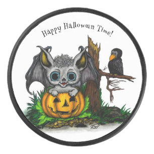 Waiting for Halloween , Cute Bat and Raven Hockey Puck