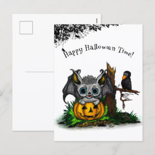 Waiting for Halloween , Cute Bat and Raven Holiday Postcard