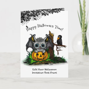 Waiting for Halloween , Cute Bat and Raven Invitation