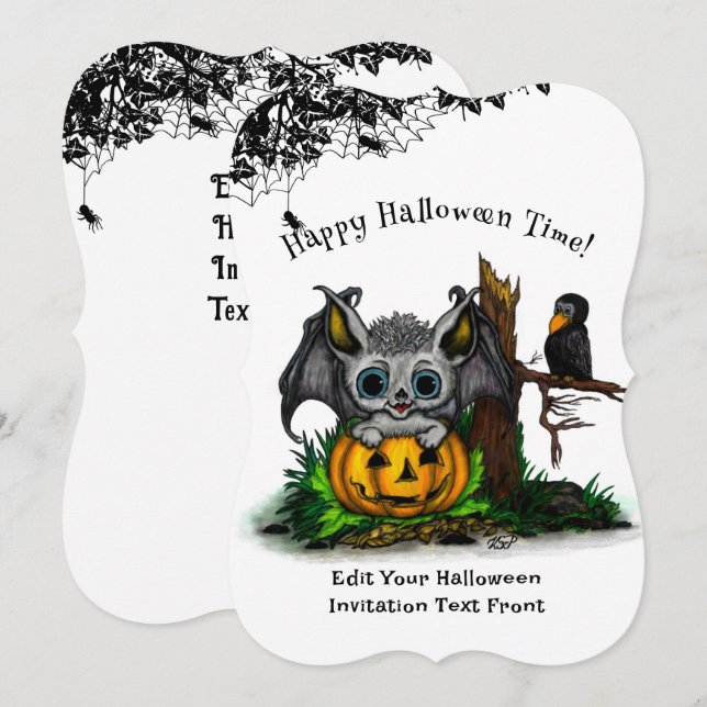Waiting for Halloween , Cute Bat and Raven Invitation (Front/Back)
