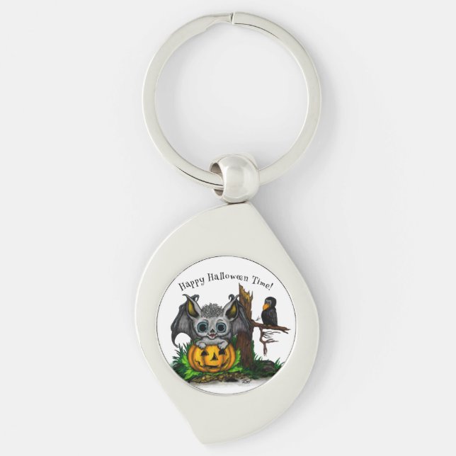 Waiting for Halloween , Cute Bat and Raven Key Ring (Front)