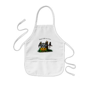 Waiting for Halloween , Cute Bat and Raven Kids Apron