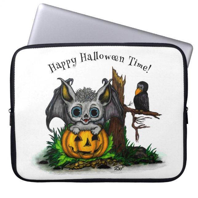Waiting for Halloween , Cute Bat and Raven Laptop Sleeve (Front)