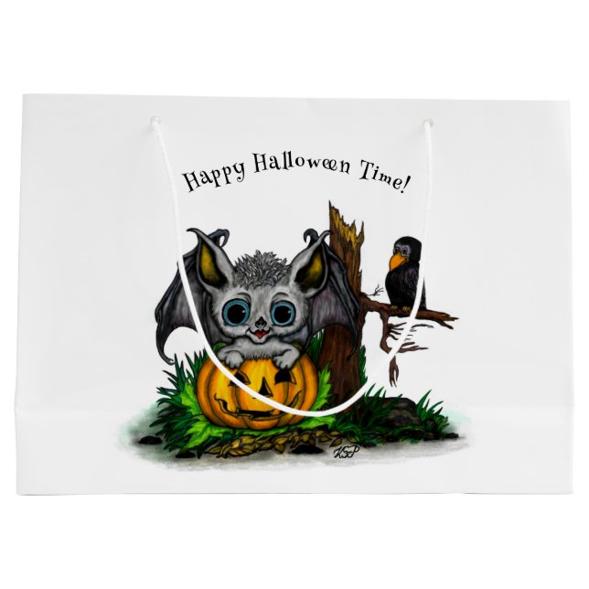Waiting for Halloween , Cute Bat and Raven Large Gift Bag (Back)