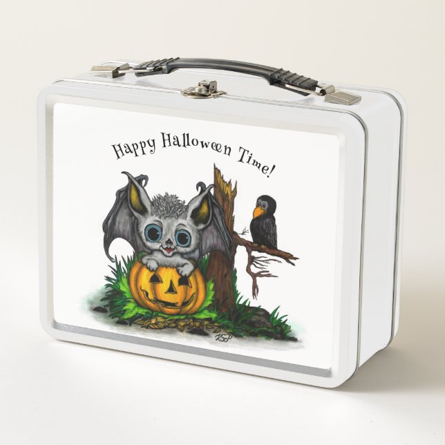 Waiting for Halloween , Cute Bat and Raven Metal Lunch Box (Front)