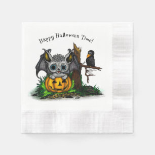 Waiting for Halloween , Cute Bat and Raven Napkin