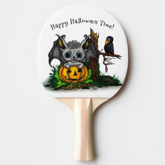 Waiting for Halloween , Cute Bat and Raven Ping Pong Paddle (Front)