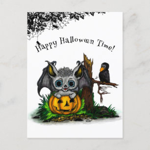 Waiting for Halloween , Cute Bat and Raven Postcard