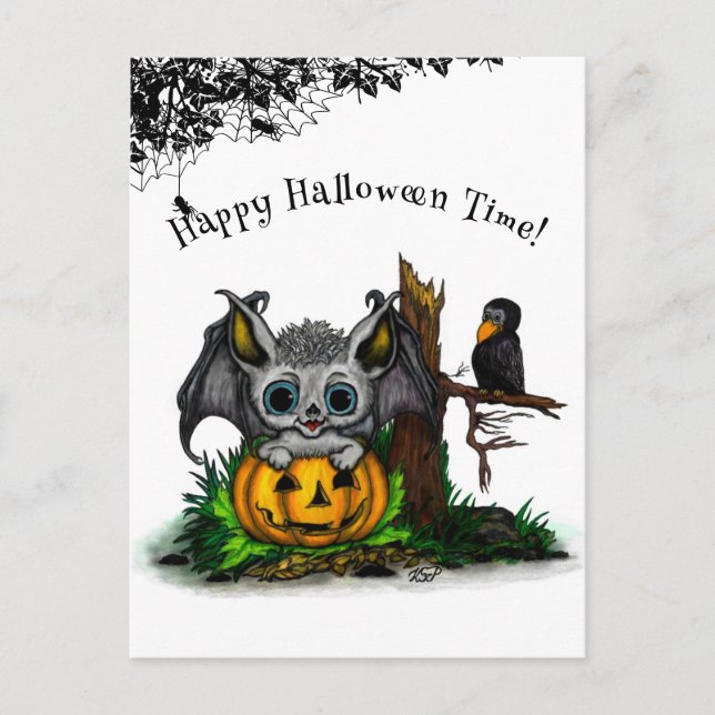 Waiting for Halloween , Cute Bat and Raven Postcard (Front)